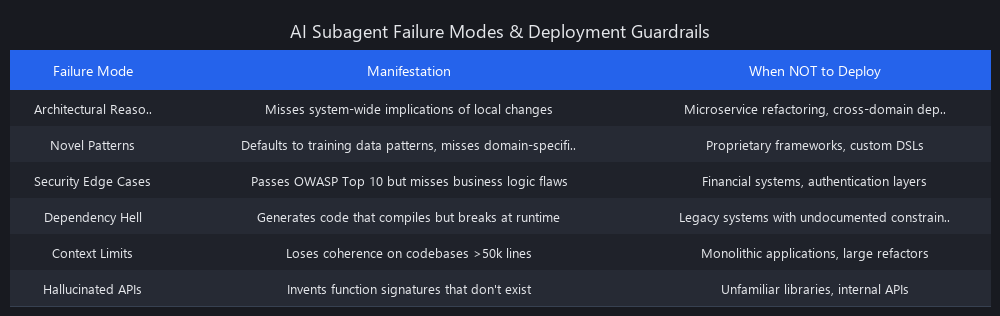 AI subagent limitations and failure modes for autonomous coding workflows
