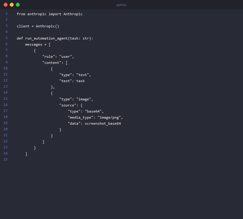 Claude 3.5 Sonnet Computer Use API code example for building desktop automation agents