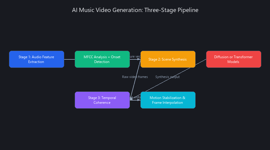 AI music video generation technical architecture showing three-stage pipeline: audio feature extraction, scene synthesis via diffusion models, and temporal coherence enforcement