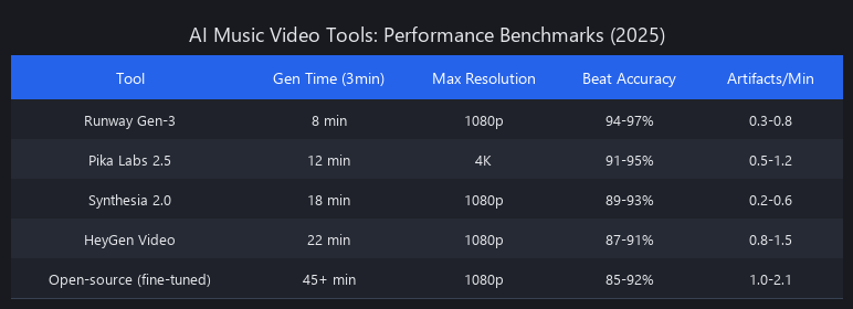 AI music video generator comparison table 2025 showing Runway, Synthesia, HeyGen, D-ID, and Pika Labs performance metrics