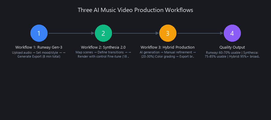 AI music video creation workflows: three parallel processes comparing Runway Gen-3 fast path, Synthesia scene mapping control, and hybrid AI plus manual refinement for broadcast quality