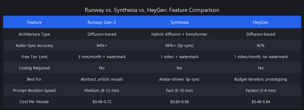Runway vs Synthesia vs HeyGen detailed feature comparison for AI music video generation 2025