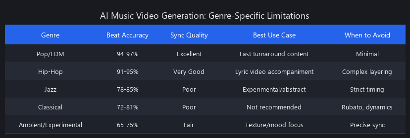 AI music video generation limitations by genre: success rates for pop, EDM, hip-hop, jazz, and classical music with specific failure modes