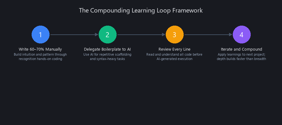 Four-step compounding learning loop process for learning to code with AI in 2026: write manually, delegate strategically, review output, iterate and compound
