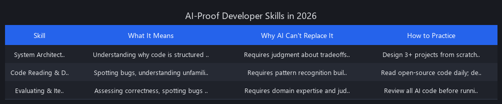 Table of three AI-proof developer skills for 2026: system architecture, code reading and debugging, and evaluating AI output with practice methods