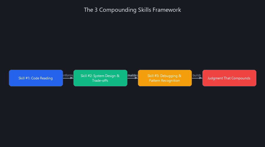 Architecture diagram of three essential coding skills for learning to code with AI: code reading, system design, and debugging