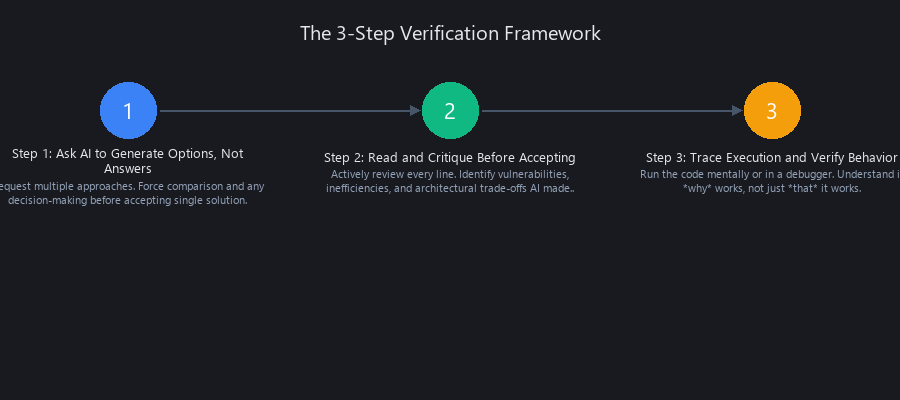 Three-step verification framework for learning to code with AI: generate options, read and critique, trace execution