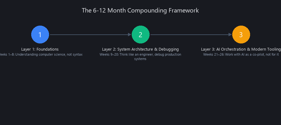 Timeline diagram of 3-layer compounding skills framework for learning to code in 2026: Foundations, System Architecture, AI Orchestration
