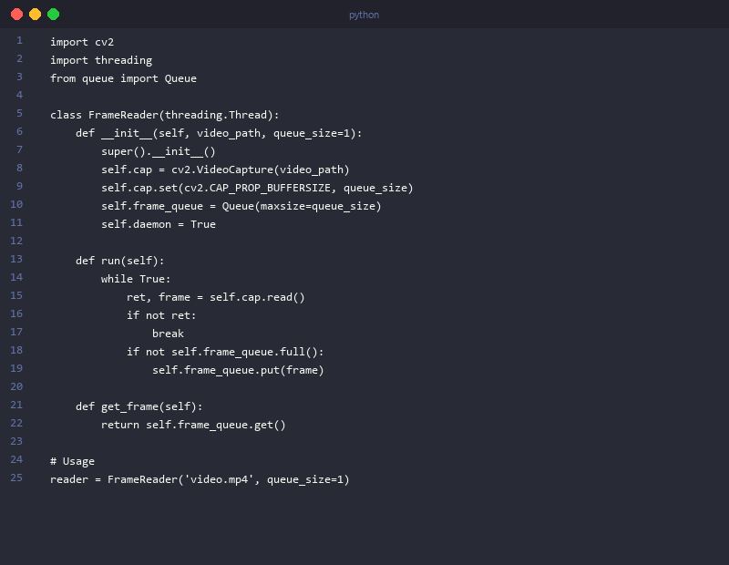 Python OpenCV cv2.VideoCapture code example with threading for real-time video frame capture in machine learning pipelines
