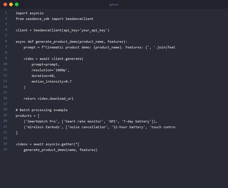 Seedance 2.0 Python API integration code example for production-ready video generation