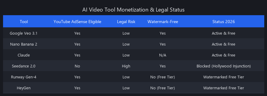 Monetization eligibility and legal risk comparison for free AI video tools including Google Veo 3.1, Nano Banana 2, and Seedance 2.0