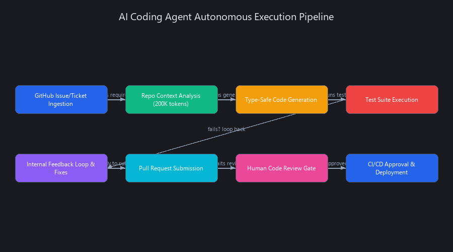 AI coding agents autonomous execution architecture: repo context ingestion → code generation → test suite execution → internal feedback loops → pull request submission → human review gates