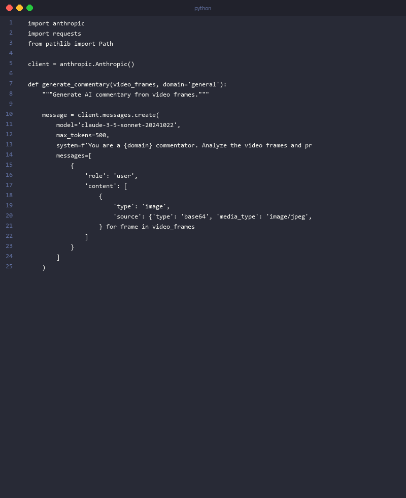 Python code example for AI commentary batch processing with Claude API and ElevenLabs text-to-speech integration