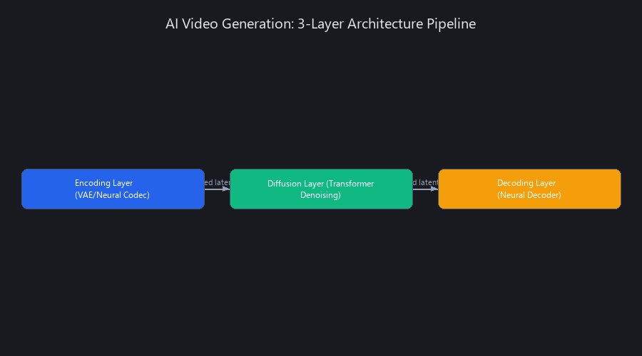 AI video creation tools 3-layer architecture: encoding, diffusion, and decoding pipeline for text-to-video generation