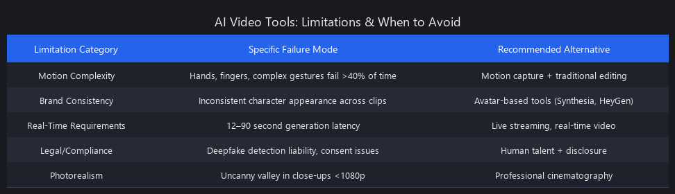 AI video creation tools limitations: when not to use AI video generators and failure modes in production