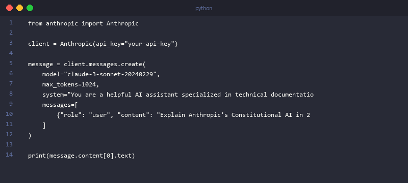 Anthropic Claude Python API setup code example with client initialization and basic message call