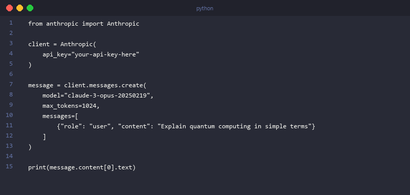 Anthropic Claude API Python code example: client initialization and first API call