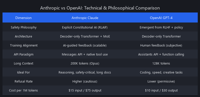 Anthropic Claude vs OpenAI GPT-4 technical comparison: architecture, safety, API, and use cases