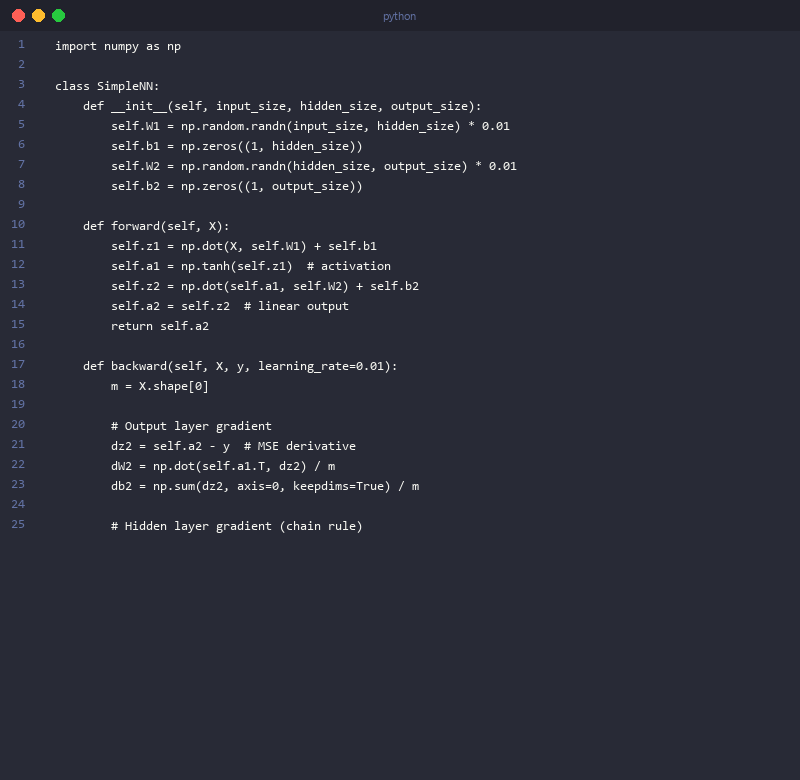 NumPy backpropagation implementation from scratch showing forward pass and backward gradient computation