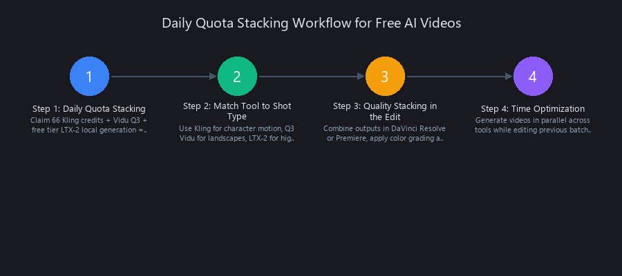 AI video generation workflow: 4-step process for stacking free tools to create 4-6 professional videos daily without watermarks