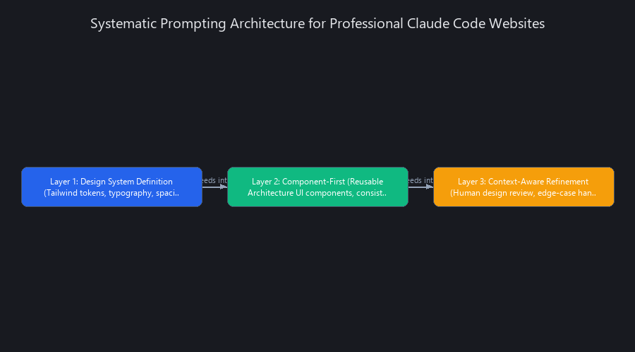 Claude Code systematic prompting architecture: Layer 1 Design System Definition feeds into Layer 2 Component-First Architecture feeds into Layer 3 Context-Aware Refinement