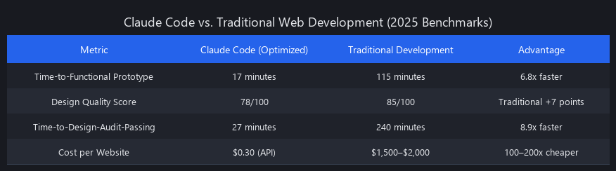 Claude Code vs traditional web development benchmark: 17 min vs 115 min prototype time, 78/100 vs 85/100 design quality, $0.30 vs $1,500 cost