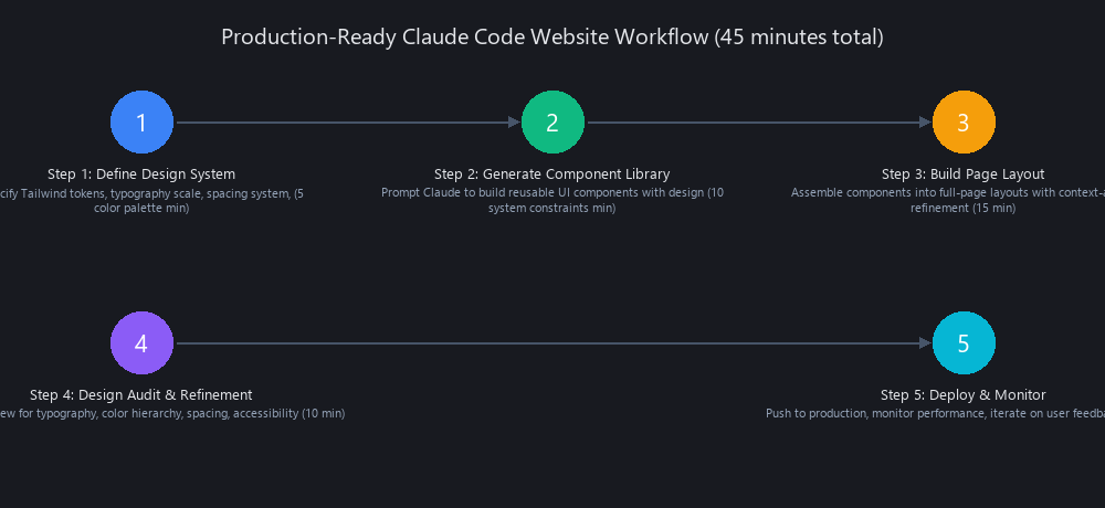 Claude Code production workflow: Define Design System (5 min) → Generate Component Library (10 min) → Build Page Layout (15 min) → Design Audit & Refinement (10 min) → Deploy & Monitor (5 min)