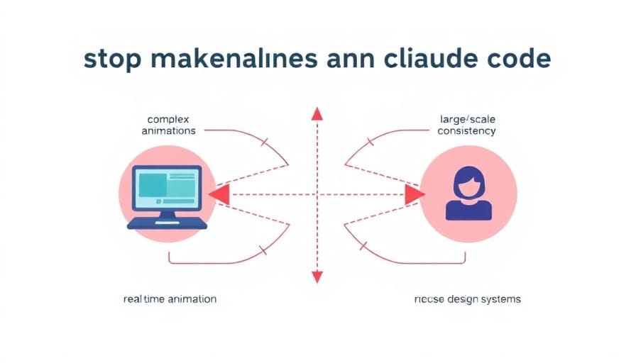Claude Code limitations visualization: complex animations, WebSocket real-time logic, 50+ page consistency, performance optimization, custom design systems, and complex form validation