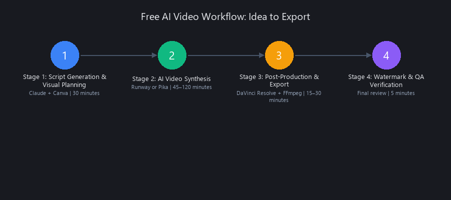 Free AI video creation workflow 2026: 4-stage process from script to export with time estimates