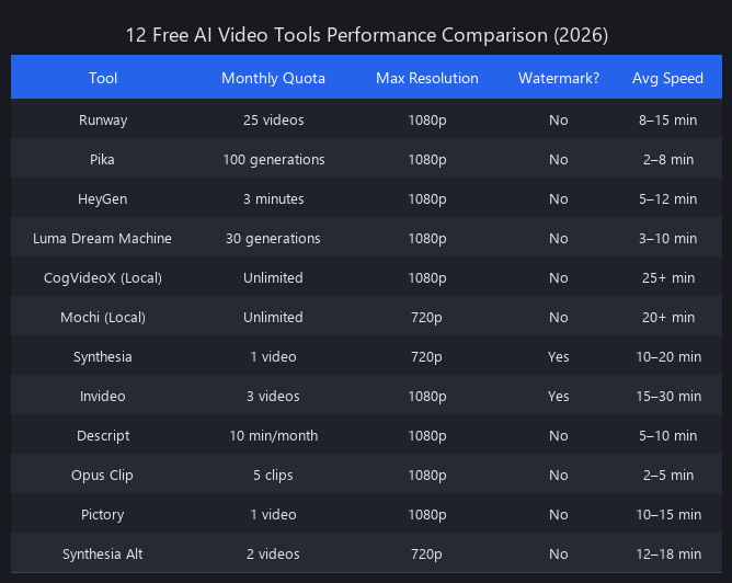 Free AI video tools benchmark 2026: comparison of Runway, Pika, HeyGen, and 9 others with quotas and specs