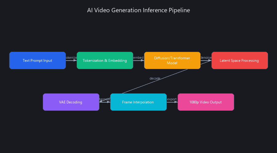 AI video generation technical architecture 2026: diffusion and transformer pipeline with inference bottlenecks