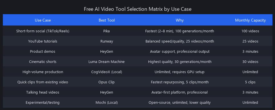 Free AI video tool selection matrix 2026: match your use case to the best tool