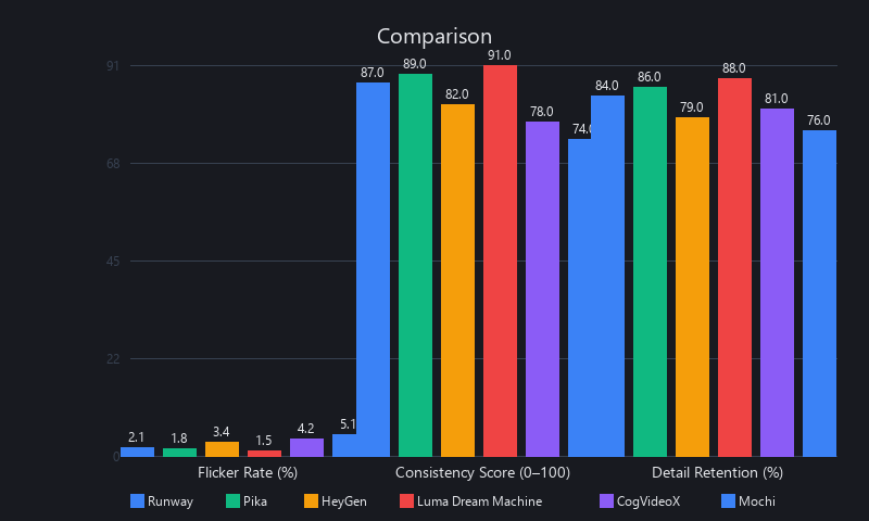 Free AI video quality metrics 2026: flicker rate and consistency comparison across Runway, Pika, HeyGen, Luma