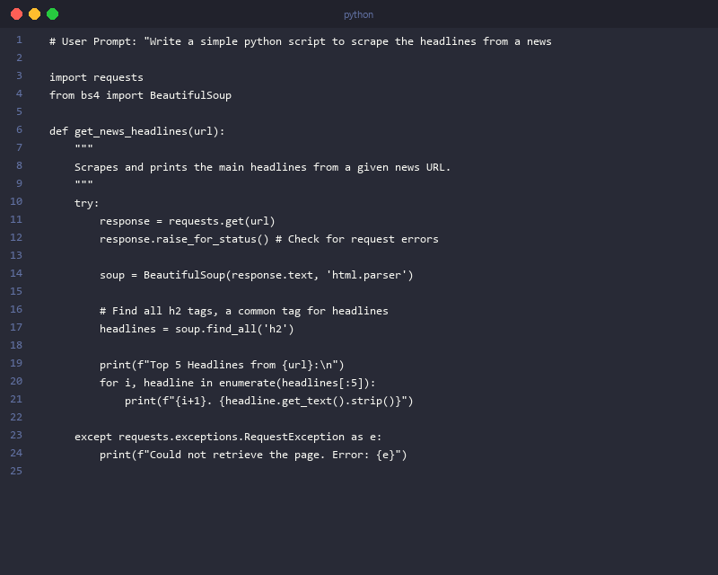 An example of using Claude AI to write a beginner-friendly Python code snippet for a simple web scraper, demonstrating its coding capabilities.