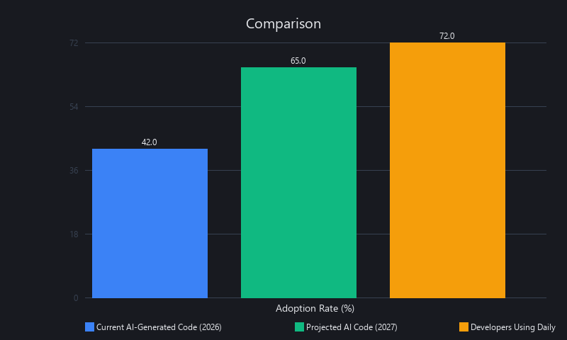Machine learning code AI-generation statistics 2026: 42% adoption rate, 65% projected 2027, 72% daily tool usage
