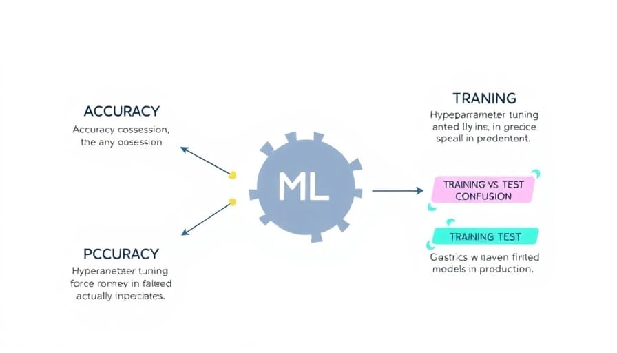 Machine learning misconceptions visualization: accuracy obsession, hyperparameter tuning mistakes, and overfitting problems that cause model failures