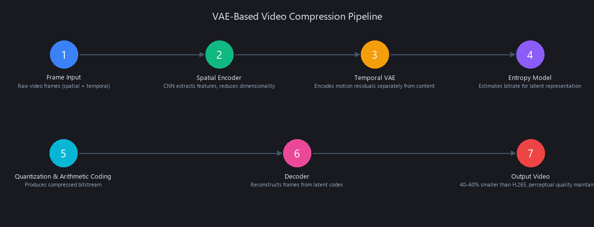 VAE video compression process flow showing encoding to latent space and decoding for machine learning video processing