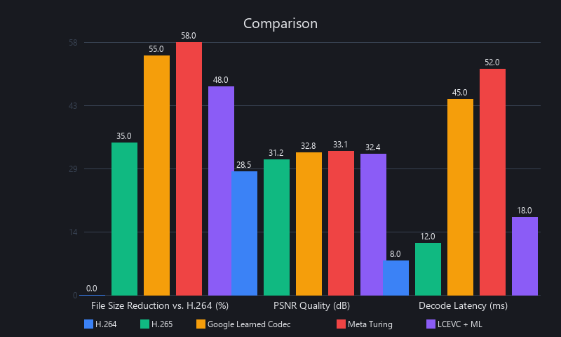 Machine learning video codec compression ratio and quality benchmark comparison chart against H.265 and H.264