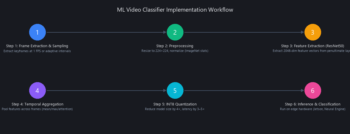 Machine learning video classifier implementation pipeline with frame extraction and ResNet50 feature extraction steps