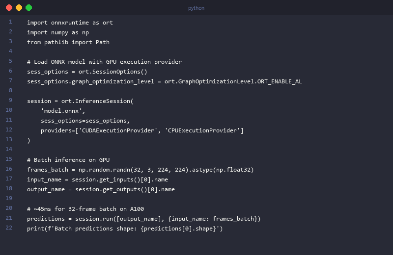 Python code example for GPU-optimized machine learning video inference using ONNX Runtime