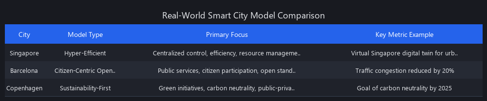Data table comparing the smart city models of Singapore, Barcelona, and Copenhagen across focus, model type, and key technologies.