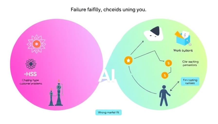AI business failure modes and limitations: visual guide to when NOT to start an AI business, showing common pitfalls and red flags