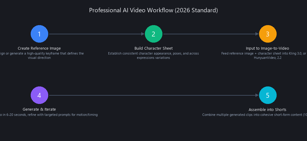 AI video creation workflow process diagram showing image-to-video and character reference sheet method replacing text-to-video for professional creators