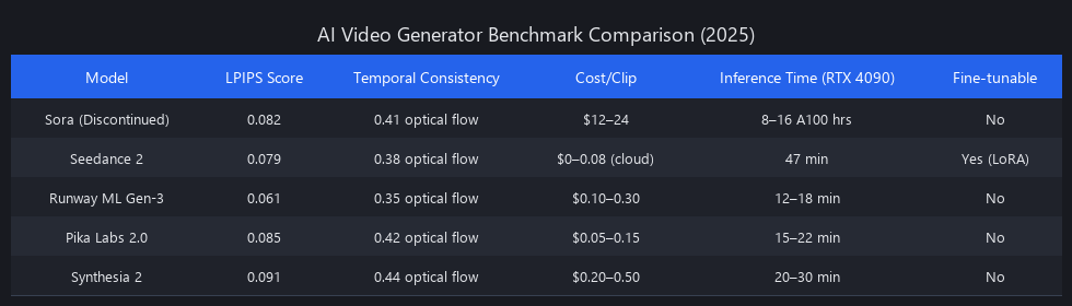 AI video generator benchmark comparison: Sora vs Seedance 2 vs Runway ML quality metrics and costs