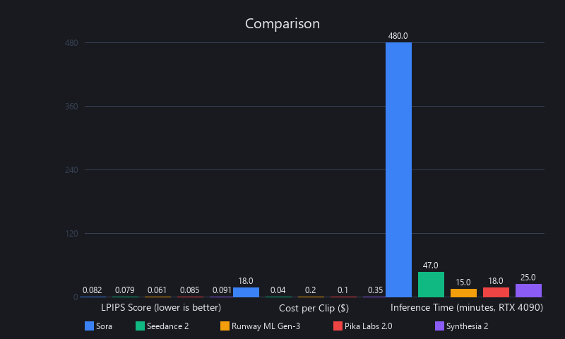 AI video quality metrics comparison: LPIPS and inference cost benchmarks for Sora, Seedance 2, and Runway ML