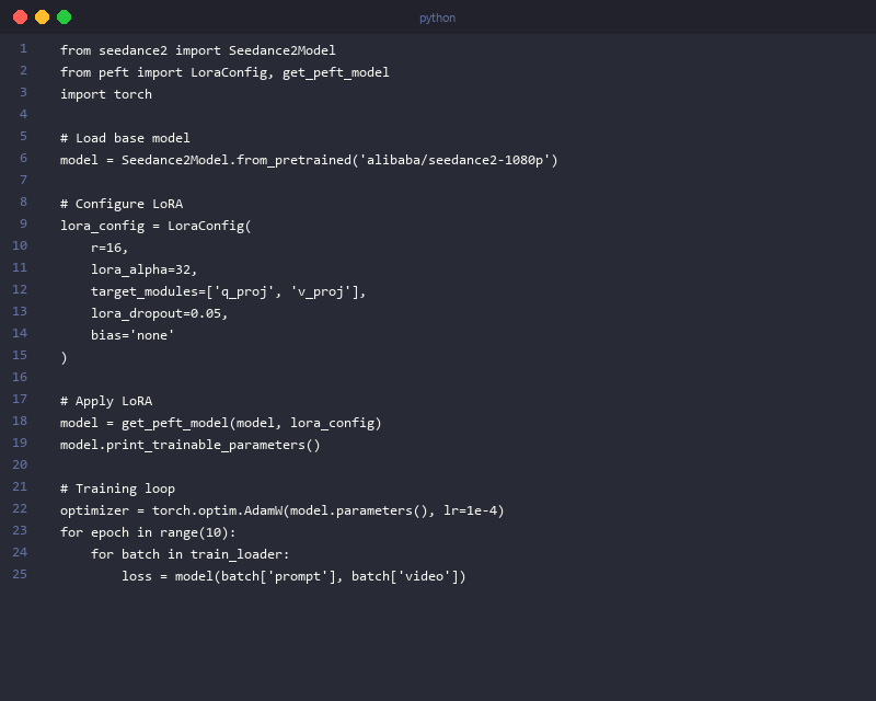Seedance 2 LoRA fine-tuning code: production-ready Python implementation for custom AI video model training